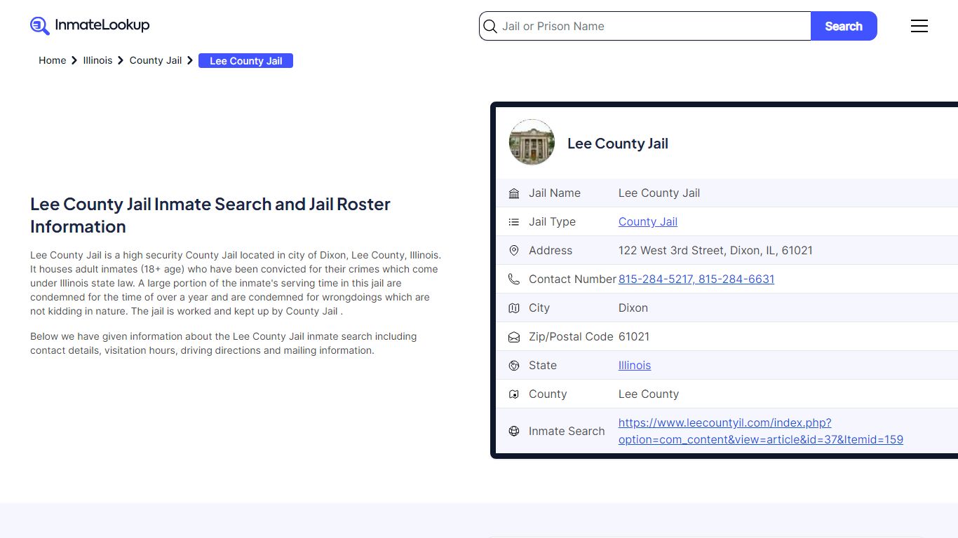 Lee County Jail Inmate Search - Dixon Illinois - Inmate Lookup